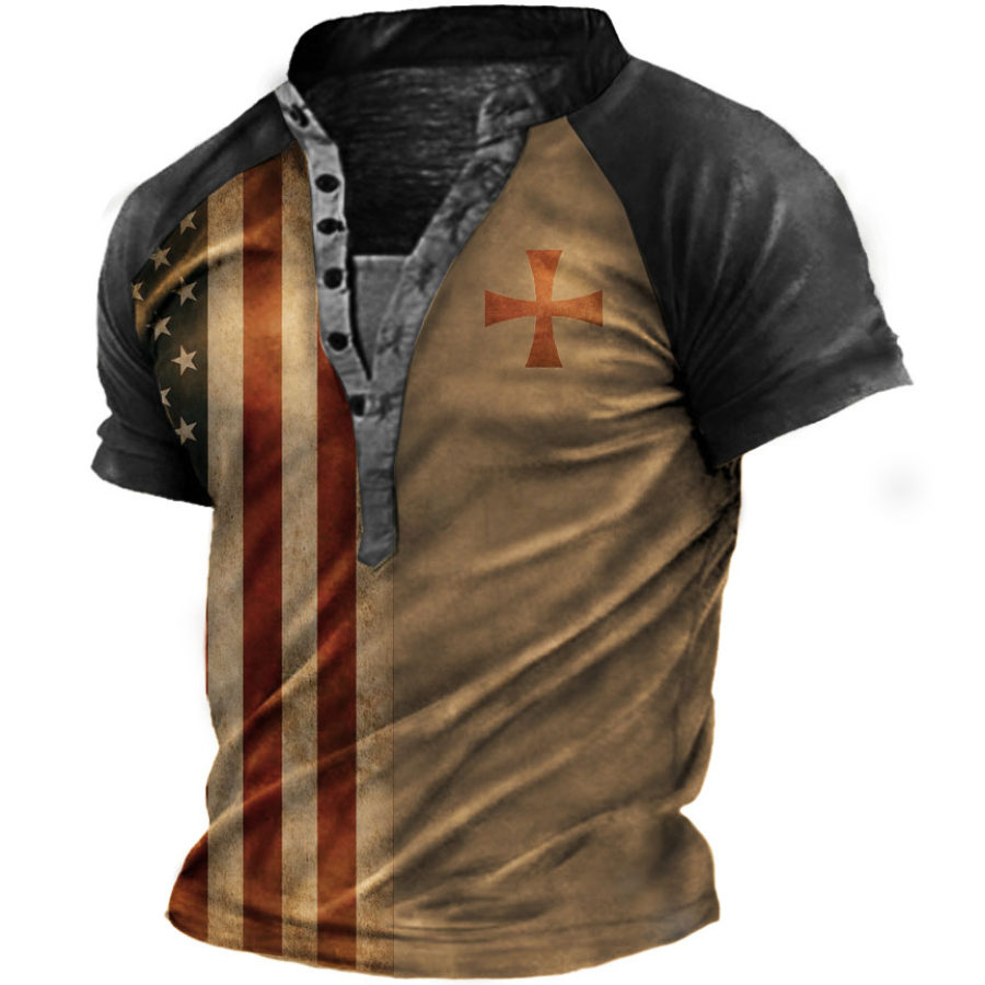 

Men's American Flag Jesus Henley Short Sleeve T-Shirt