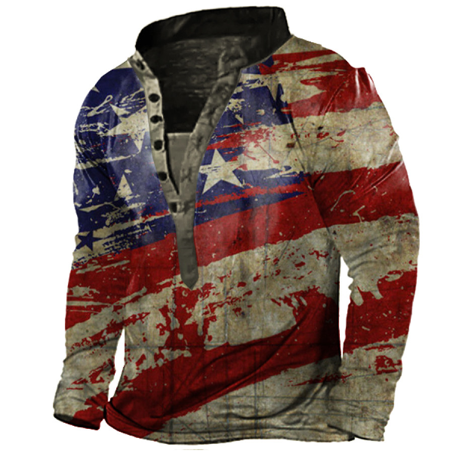 

Men's Vintage American Flag Print Henley Long Sleeve T-Shirt