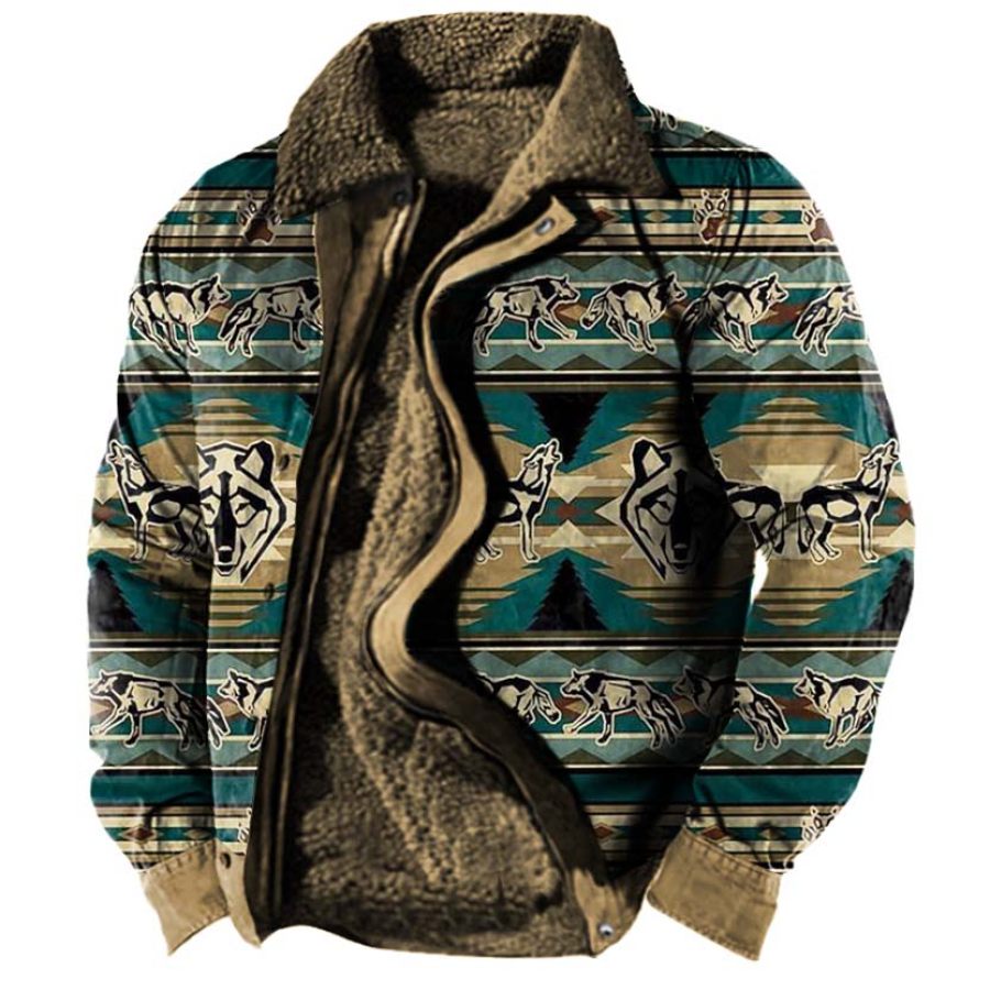 

Men's Vintage Ethnic Wolf Print Plus Fleece Warm Thick Jacket
