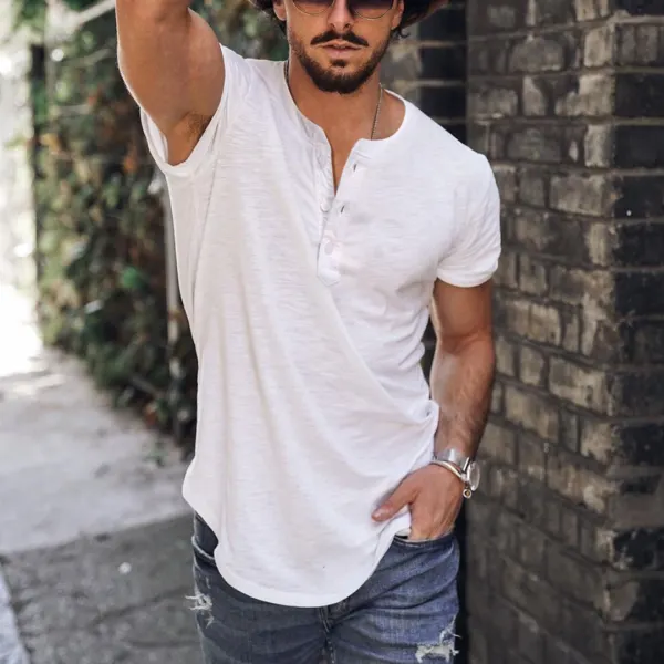 Holiday Casual Solid Color Breathable Henley T-Shirt - Villagenice.com 