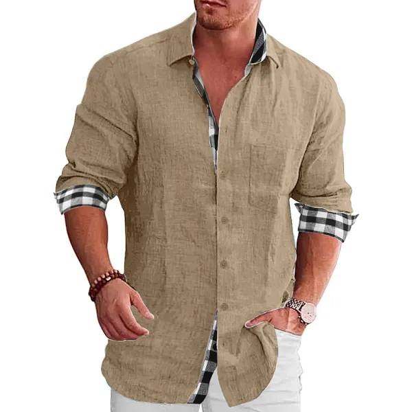 Men's Check Print Contrast Long Sleeve Vintage Lapel Shirt - Chrisitina.com 