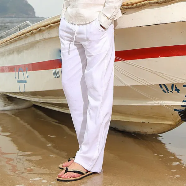 Men's Solid Color Casual Breathable Linen Multi Pocket Trousers - Cotosen.com 