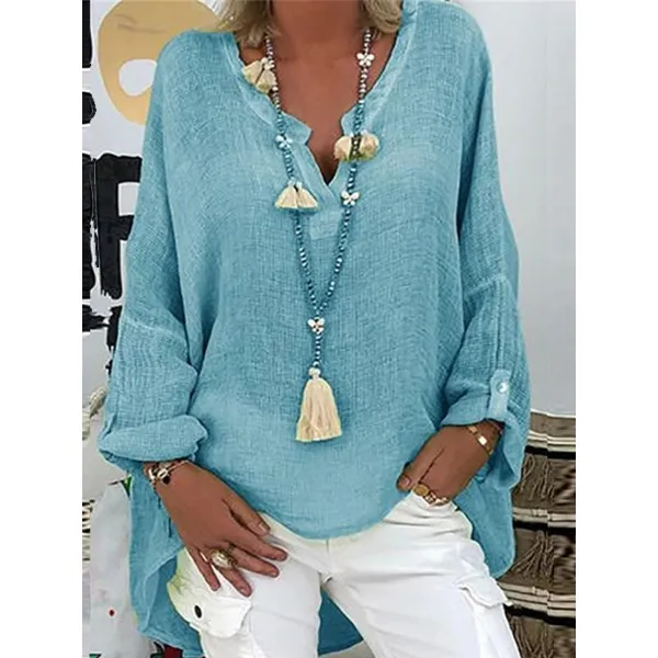 Loose Casual Solid Color V-Neck Long Sleeve Blouse - Chrisitina.com 