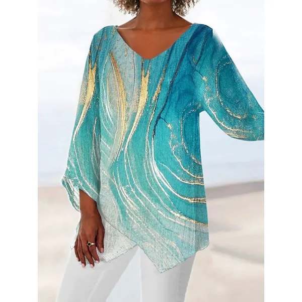 Casual Abstract Print V-Neck Long Sleeve Blouse - Chrisitina.com 