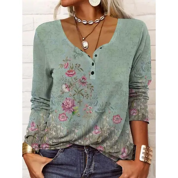 Round Neck Casual Loose Floral Print Long Sleeve T-shirt - Chrisitina.com 