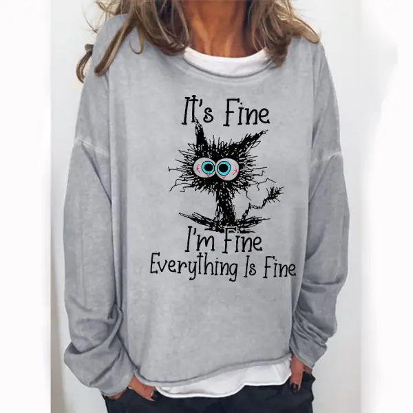 Womens Funny I Am Fine Black Cat Letter Crew Neck Sweatshirts - Chrisitina.com 