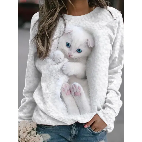 Qute Cat Printed Crew Neck Casual Sweatershirt - Chrisitina.com 