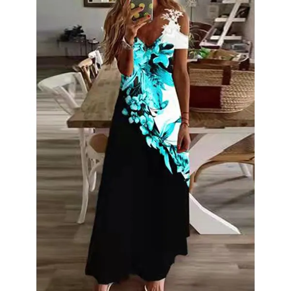 Casual Floral Print Panel V-Neck Short Sleeve Maxi Dress - Chrisitina.com 