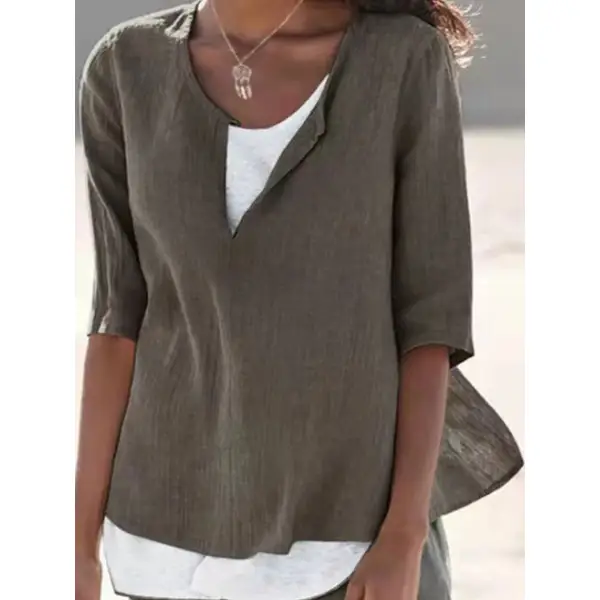 Round Neck Casual Loose Solid Color Long Sleeve Blouse - Chrisitina.com 