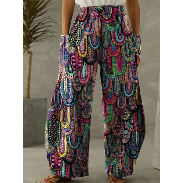 Casual Vintage Print Pocket Loose Pants - Chrisitina.com 