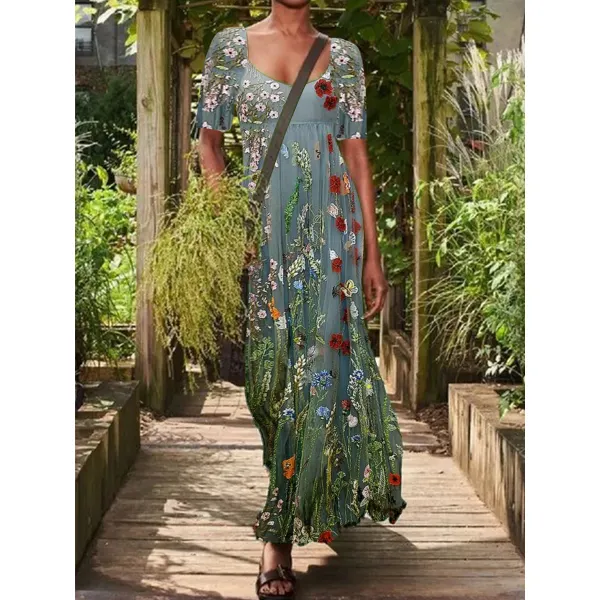 Casual Vintage Floral Print U Neck Short Sleeves Maxi Dress - Chrisitina.com 