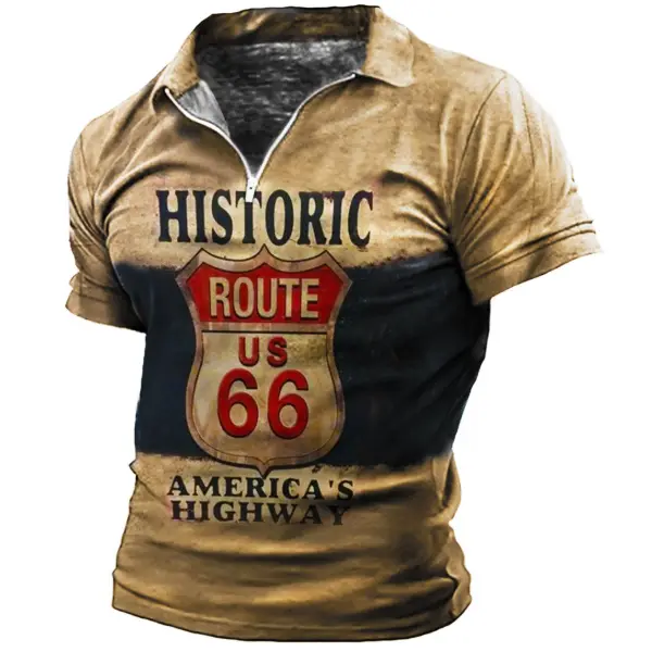 Men's Outdoor Route 66 America Highway Zip Polo T-Shirt - Chrisitina.com 