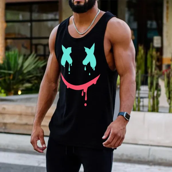 Men's Sports Smiley Print Sleeveless Black Tank Top - Chrisitina.com 