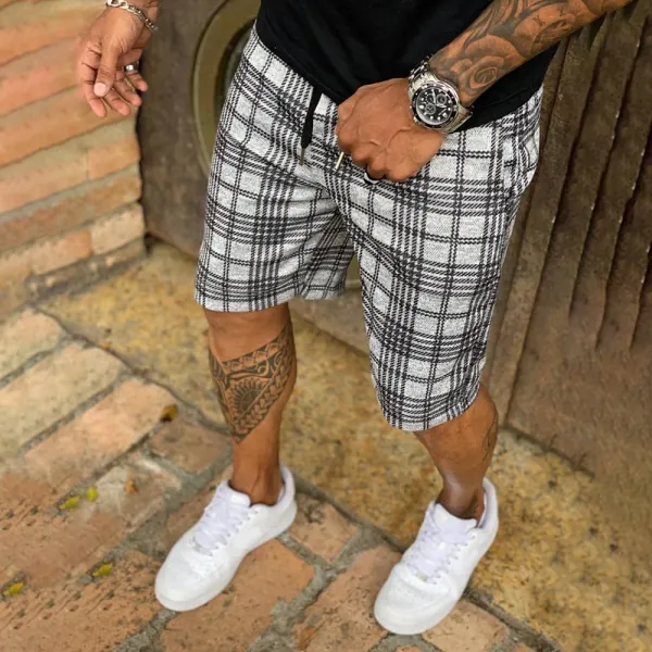 Men's Check Stripe Textured Print Casual Shorts - Salolist.com 