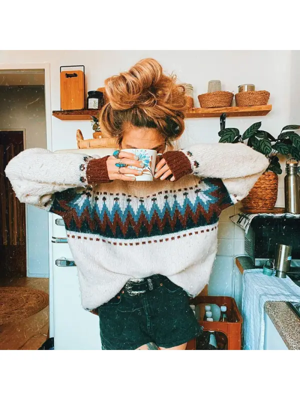 Women Retro Graphic Round Neck Knitted Sweater - Fashionmia.chimpone.com 