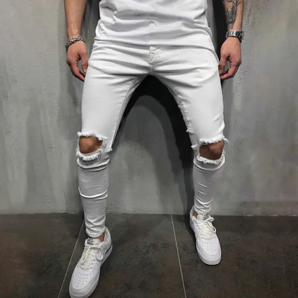 Calça Justa Casual Masculina Justa Cor Sólida Rasgada Cintura Média E Pé Pequeno - Paleonice.com 