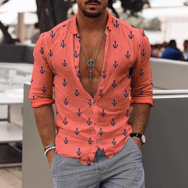 Camicia Casual Con Stampa Di Ancoraggio Vintage Moda Uomo Nuova - Paleonice.com 