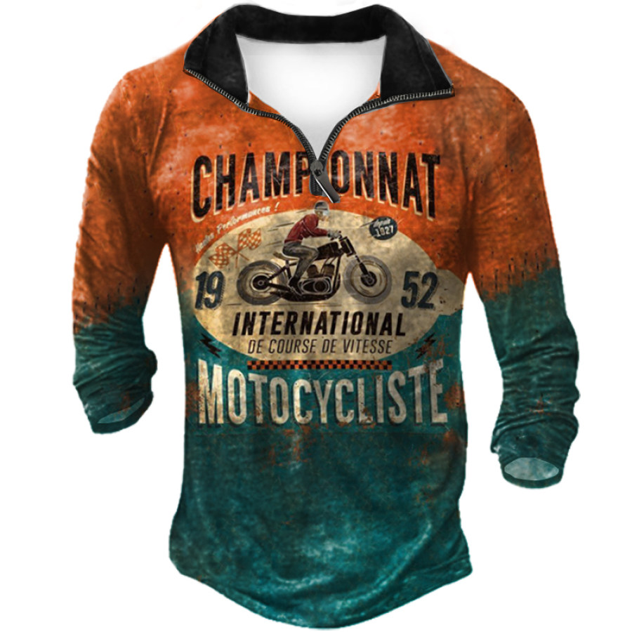 

Champion Motorcycle Men's Vintage Zipper Long Sleeve Polo Shirt