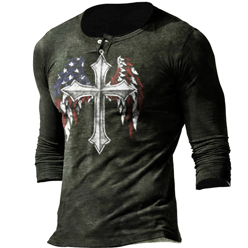Jesus Cross American Flag Chic Liberty Eagle Men's Henley Button Shirt