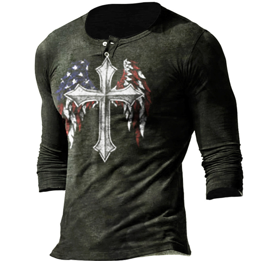 

Jesus Cross American Flag Liberty Eagle Camicia Henley Button Da Uomo