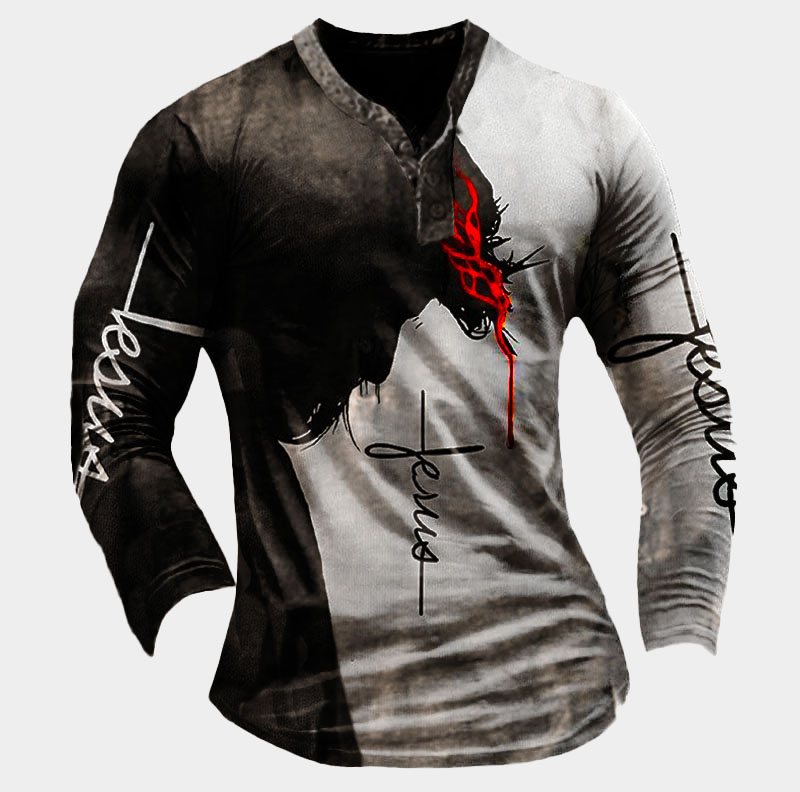 Men's Outdoor Tactical Templars Chic Crusader Printed Henley Long Sleeve Shirt
