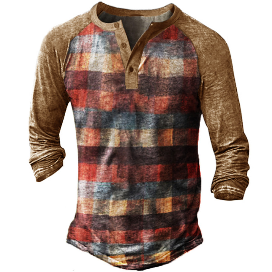 

Men's Vintage Check Panel Henley Leader T-Shirt