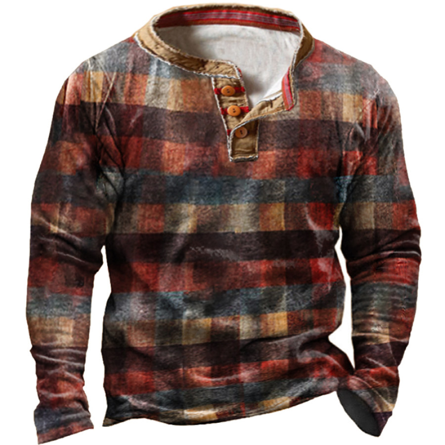 

Men's Vintage Check Henley Collar Long Sleeve T-Shirt