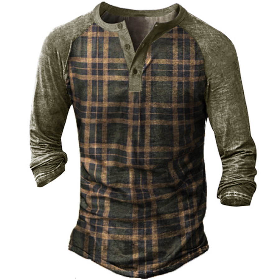 

Men's Vintage Check Panel Henley Leader T-Shirt