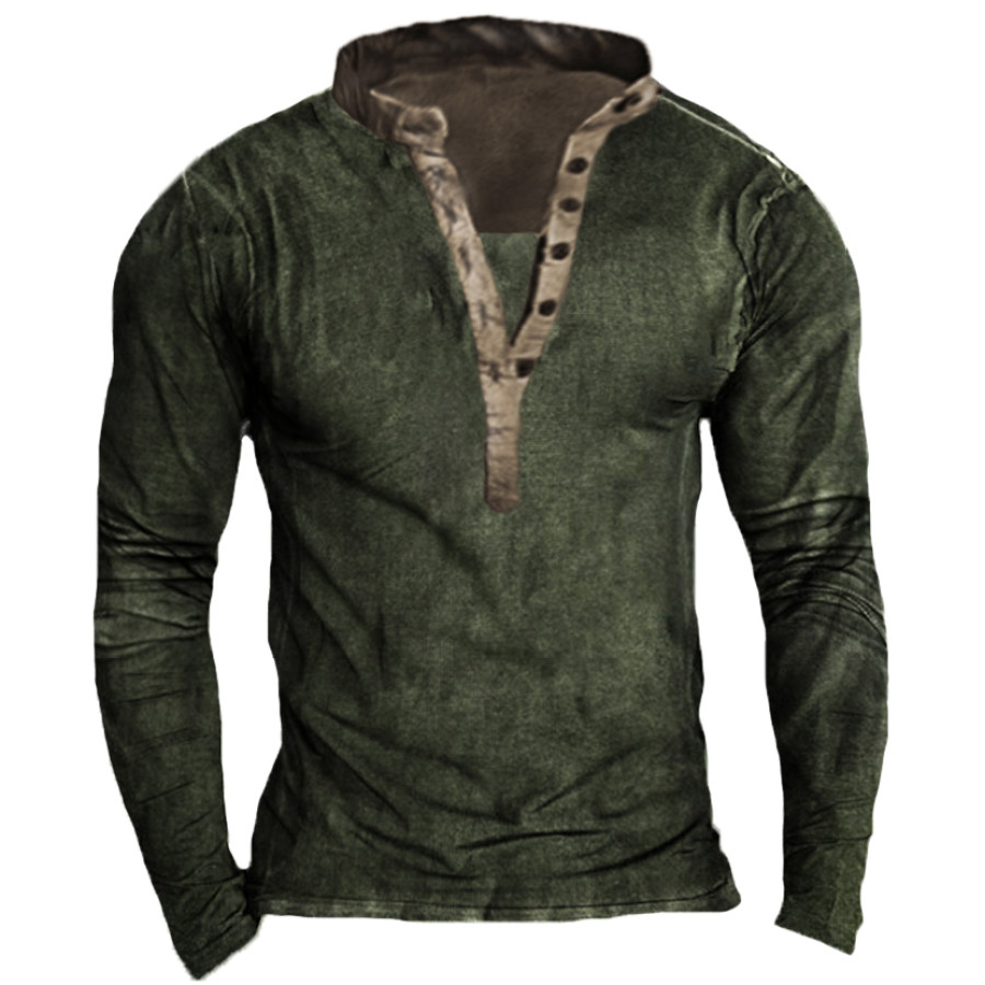 

Men's Vintage Distressed Henley Long Sleeve T-Shirt