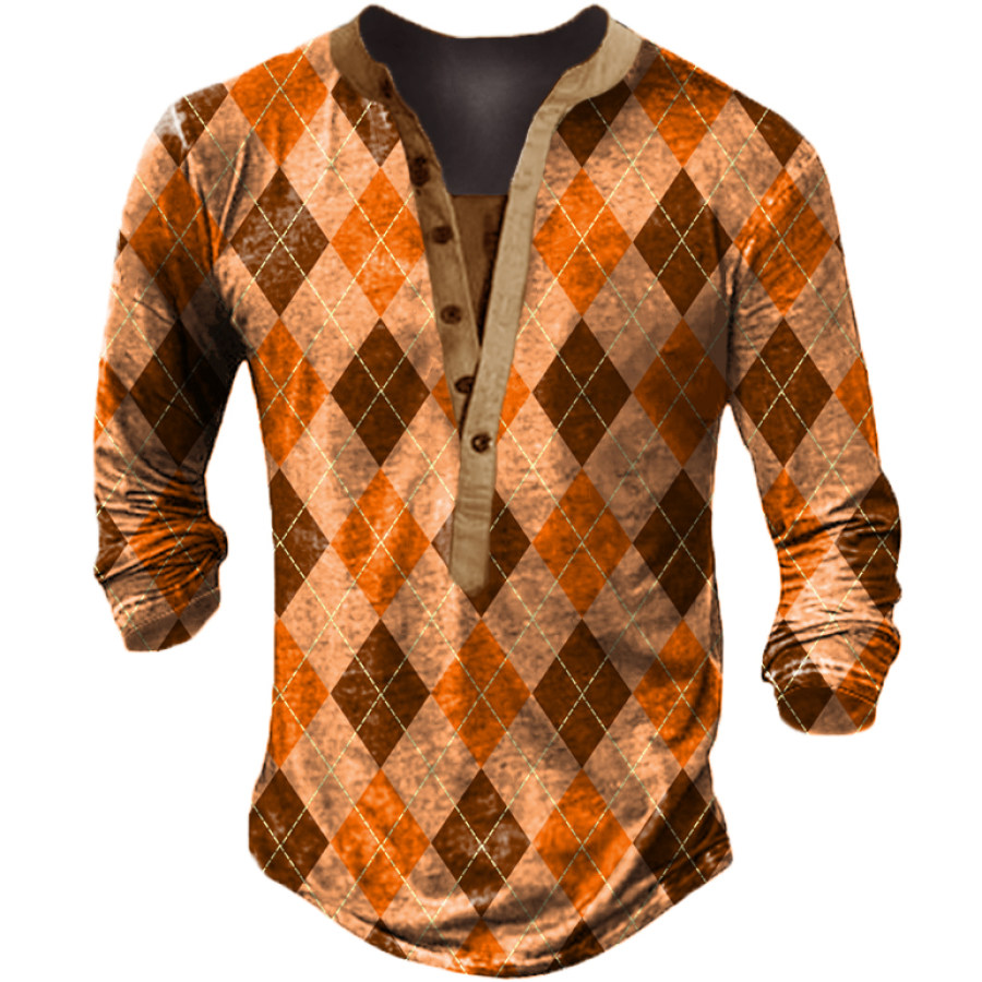 

Men's Vintage Contrasting Plaid Print Long Sleeve Henley Collar T-Shirt