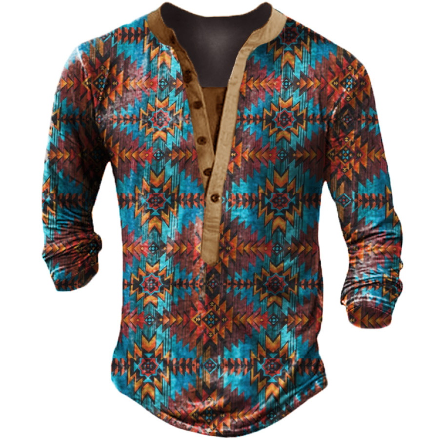 

T-shirt Da Uomo Con Colletto Alla Coreana A Maniche Lunghe Con Stampa Tribale Vintage