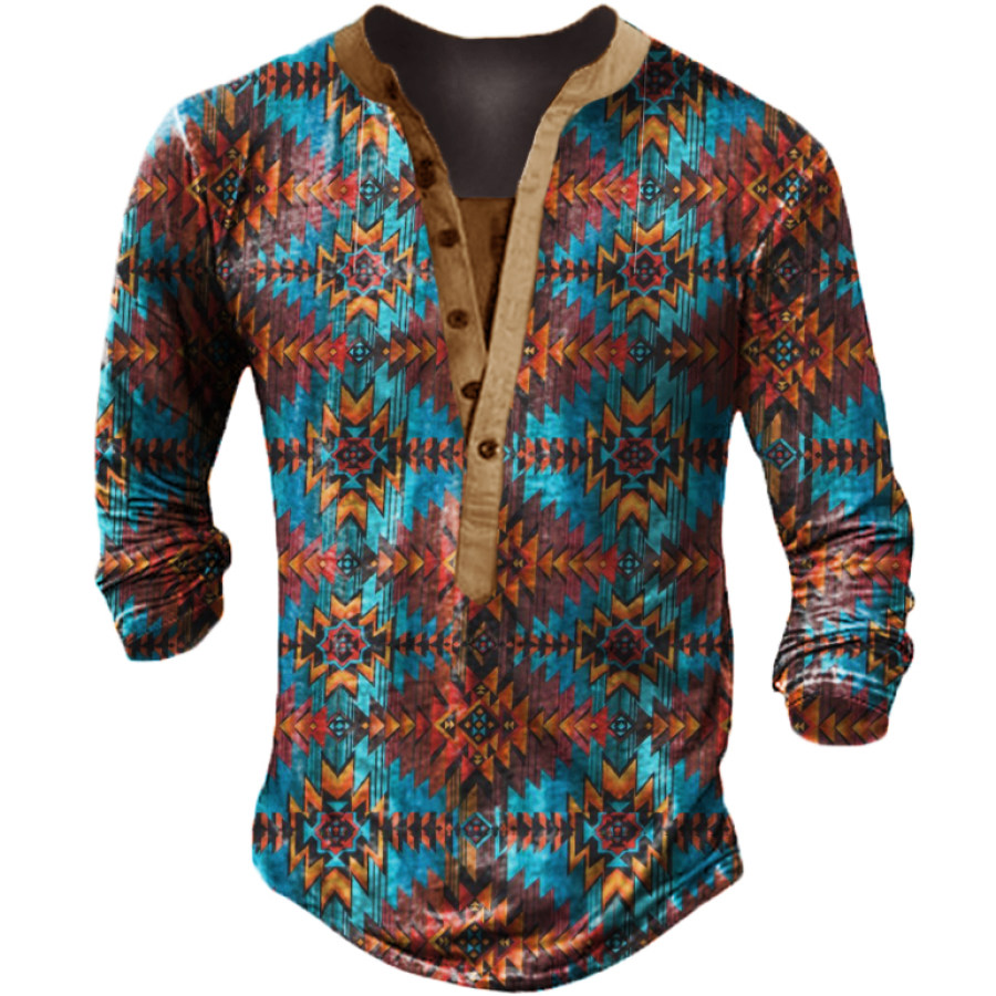 

Men's Vintage Tribal Print Long Sleeve Henley Collar T-Shirt