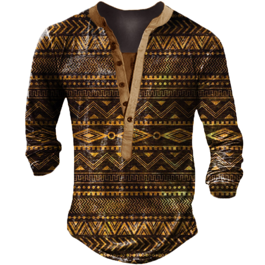 Men's Vintage Tribal Print Long Sleeve Henley Collar T-Shirt