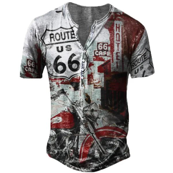 Route 66 Men's Vintage Motorcycle Henry Collar T-Shirt - Kalesafe.com 
