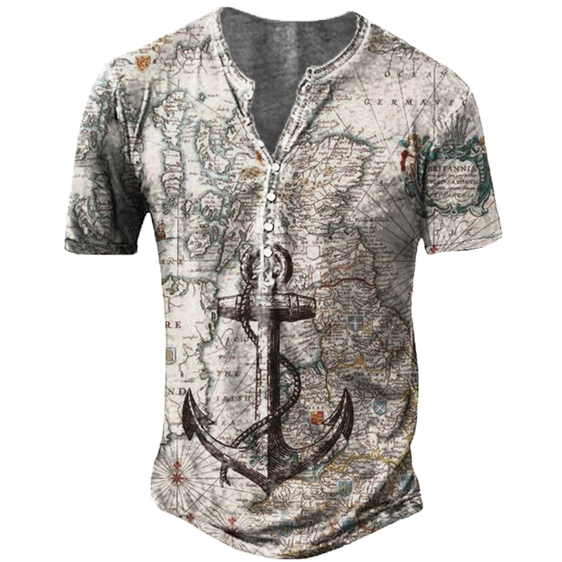 Men's Vintage Nautical Map Chic Anchor Henry Collar T-shirt