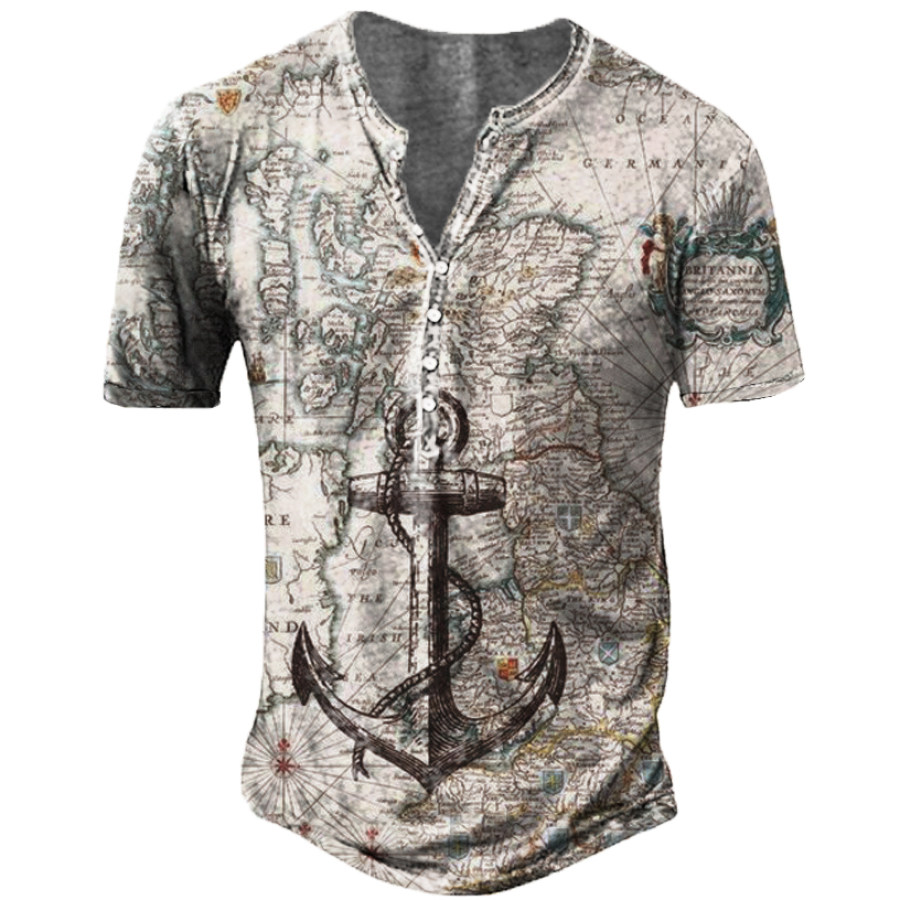 

Men's Vintage Nautical Map Anchor Henry Collar T-Shirt