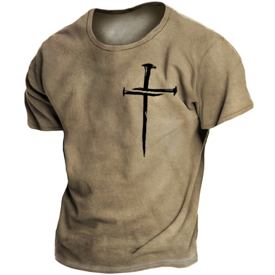 Men's Vintage Nail Cross Print Short Sleeve T-Shirt