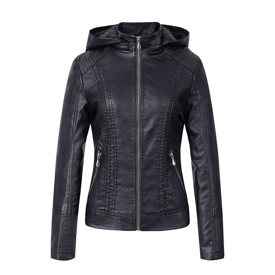 

Women's Fashion Metal Zipper Side Topstitched Autumn Winter Plus Velvet Warm Hooded Slim Leather Jacket