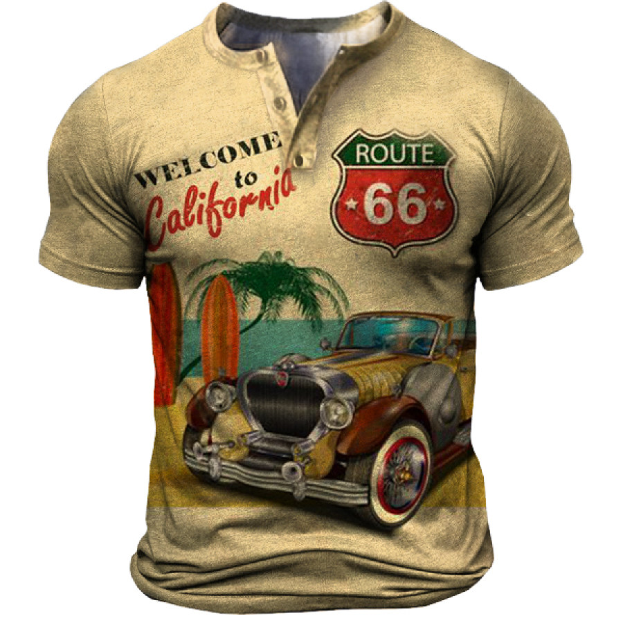 

Welcome To California Vintage Route 66 Print Men's Cotton Henley Collar T-Shirt