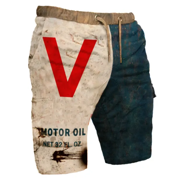 Mens Retro Engine Oil Printed Outdoor Casual Combat Shorts - Sanhive.com 