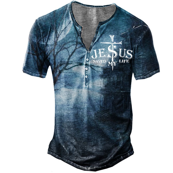 Men's Jesus Print Henley Chic Short Sleeve T-shirt