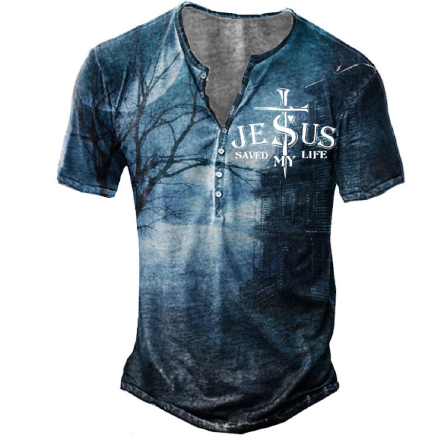 

Men's Jesus Print Henley Short Sleeve T-Shirt