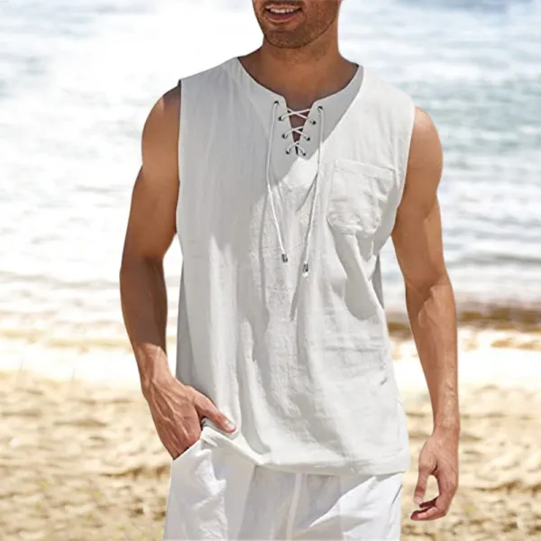 Men's Tank Top Shirt Lace-Up Solid Linen Short Sleeve T-Shirt - Blaroken.com 