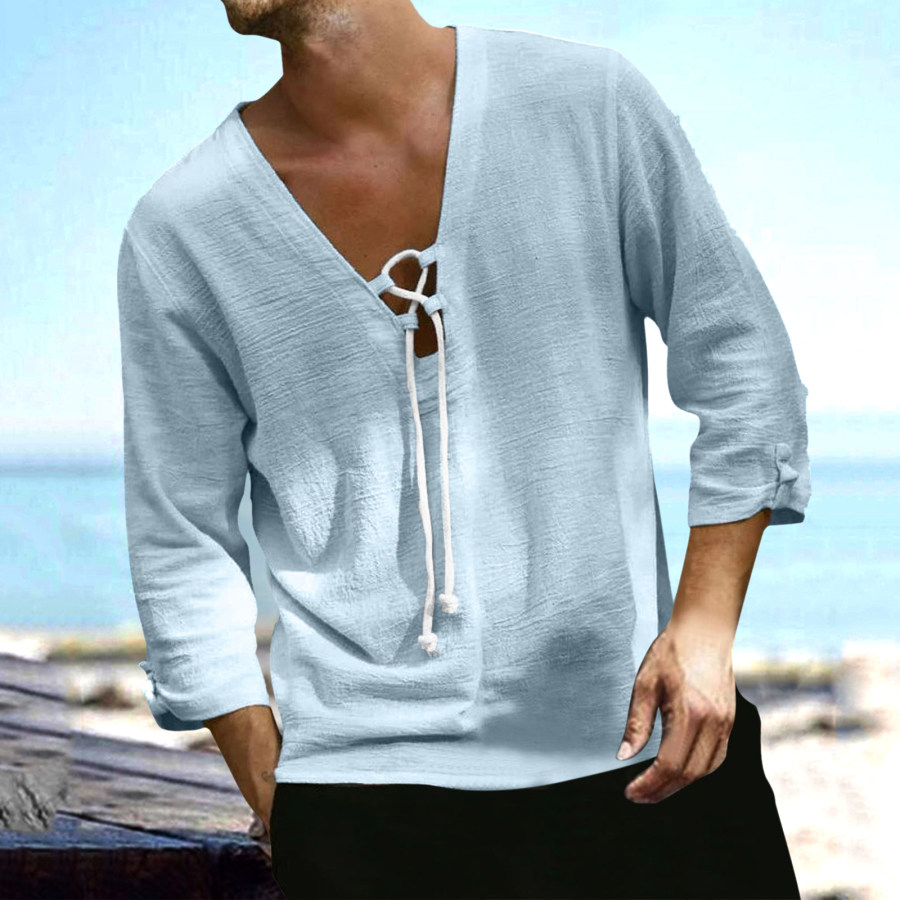 

Men's Loose Beach Style Casual Cotton Linen Drawstring Shirt T-Shirt