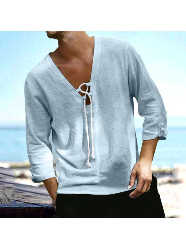 Men's Loose Beach Style Casual Cotton Linen Drawstring Shirt T-Shirt
