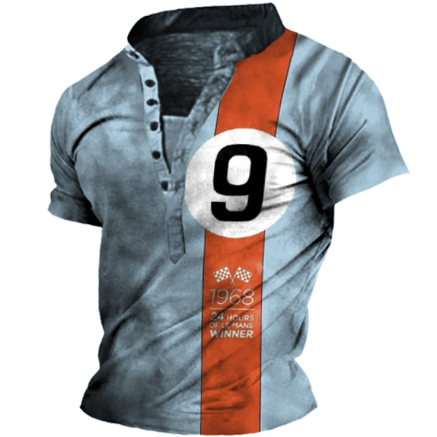 

Men's Vintage Racing Stripe Print Henley Collar T-Shirt
