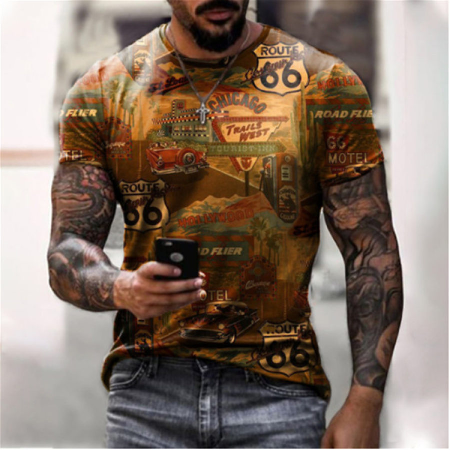 

Men's Vintage Casual Route 66 Print T-Shirt