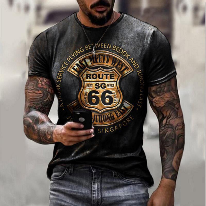 Men's Vintage Loose Us Chic Route 66 Letter Print Short Sleeve T-shirt