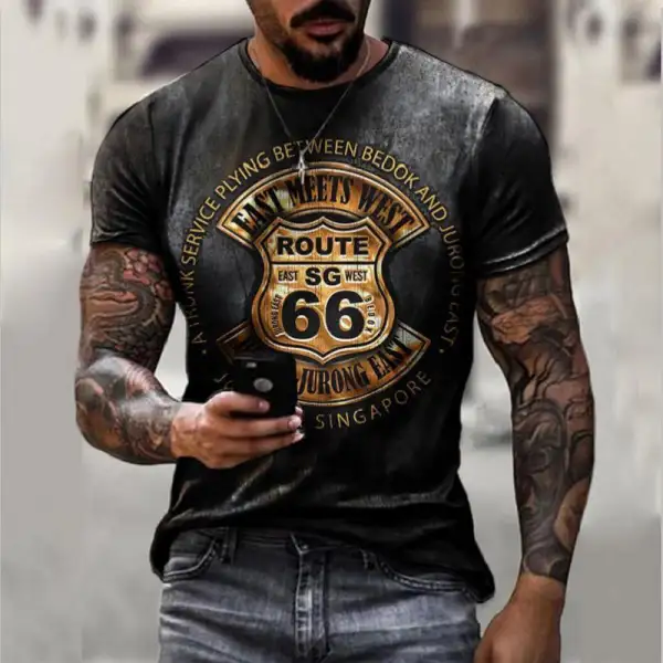 Men's Vintage Loose US Route 66 Letter Print Short Sleeve T-Shirt - Kalesafe.com 
