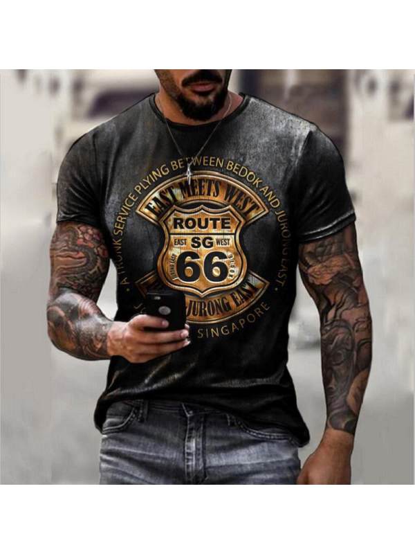 Men's Vintage Loose US Route 66 Letter Print Short Sleeve T-Shirt